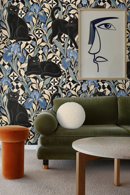 Interlocking diamond tiles with floral and feline elements