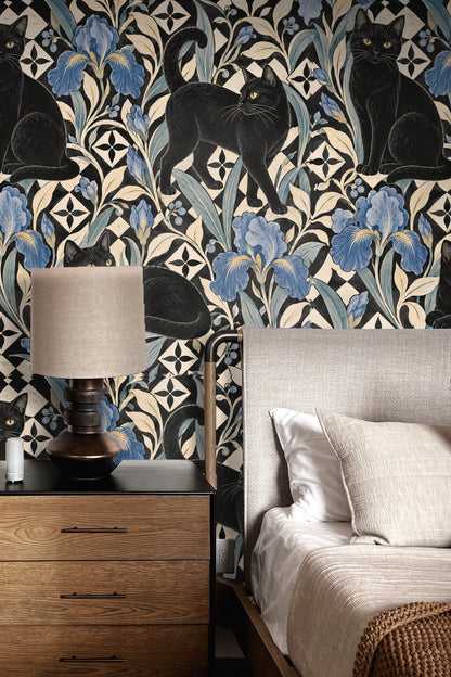 Wallpaper pattern showing seated black cat with blue iris and geometric tile design