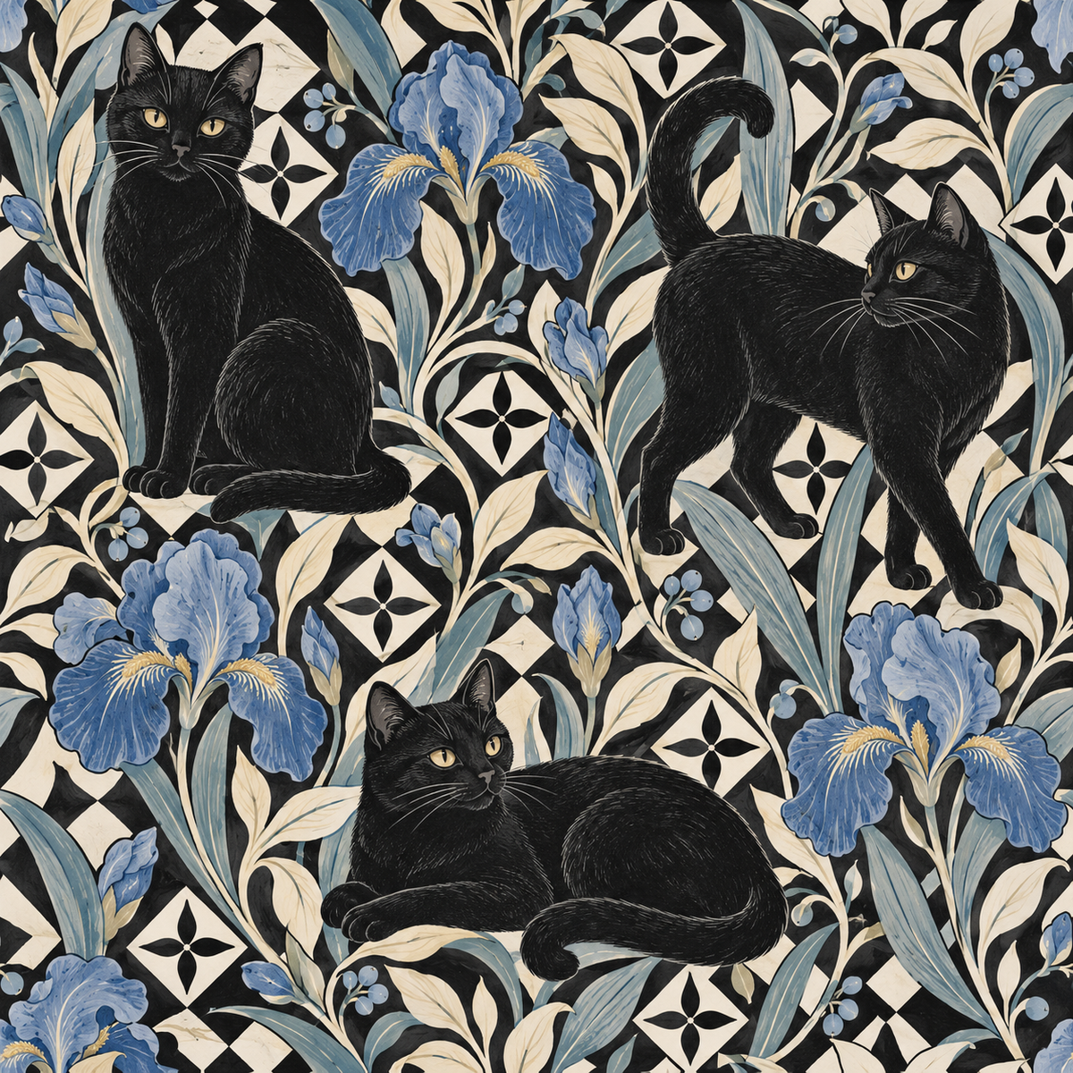 Couch pillows in front of detailed black cat and iris wallpaper