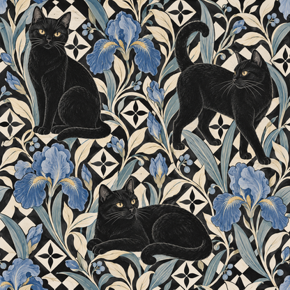 Couch pillows in front of detailed black cat and iris wallpaper