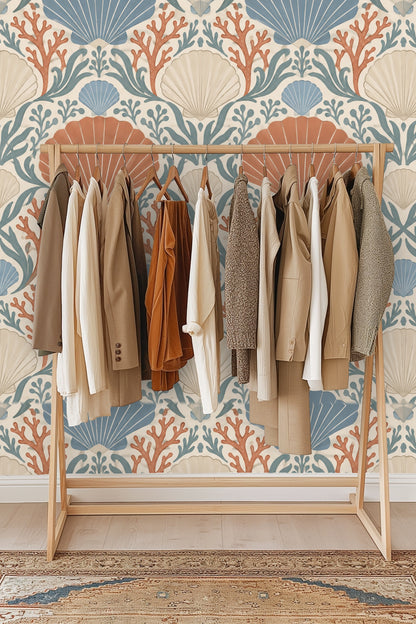 Pattern detail showing symmetrical arrangement of seaweed and coral elements in Coral Cove Crest wallpaper.