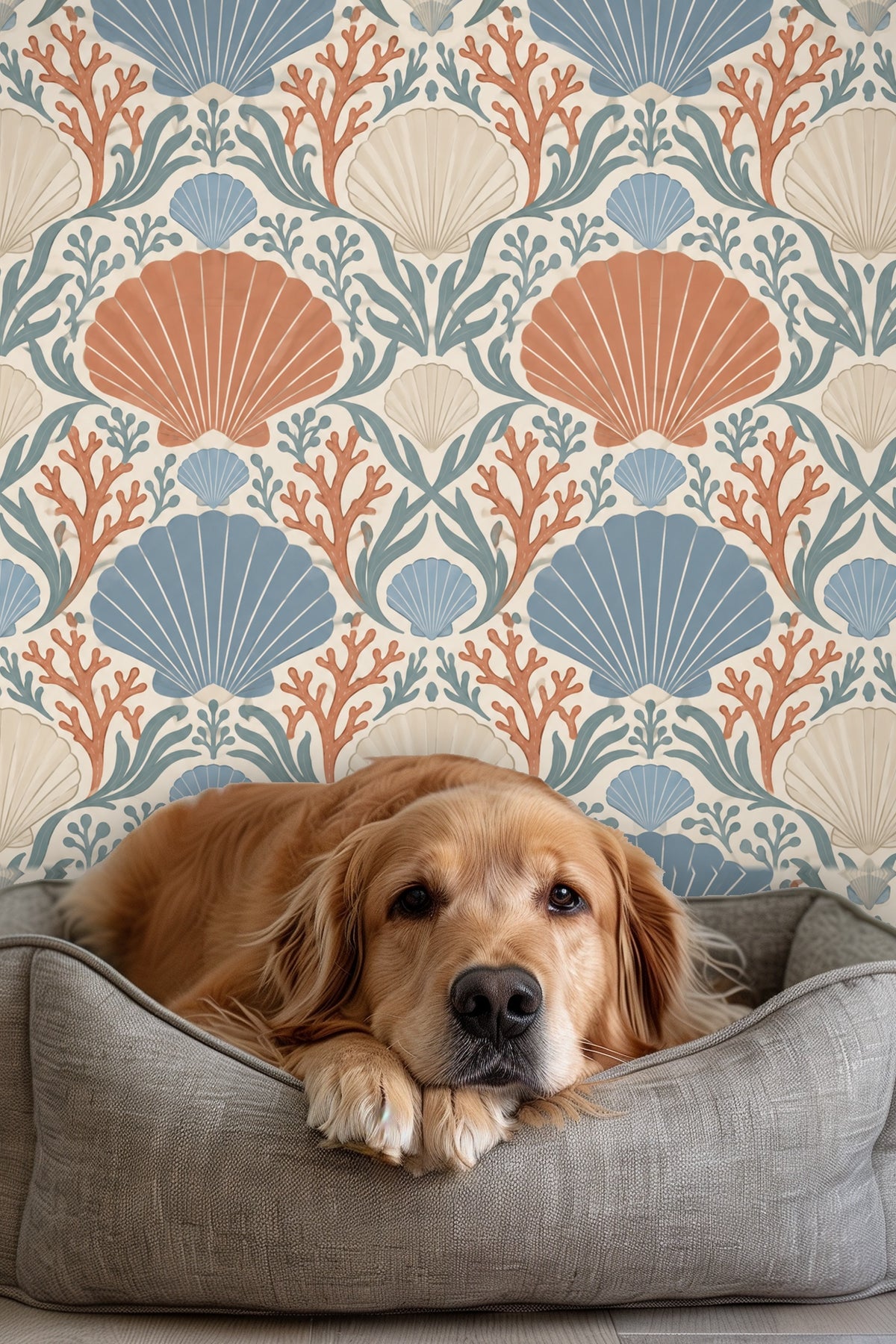 View of Coral Cove Crest wallpaper with color focus on terracotta shell elements.