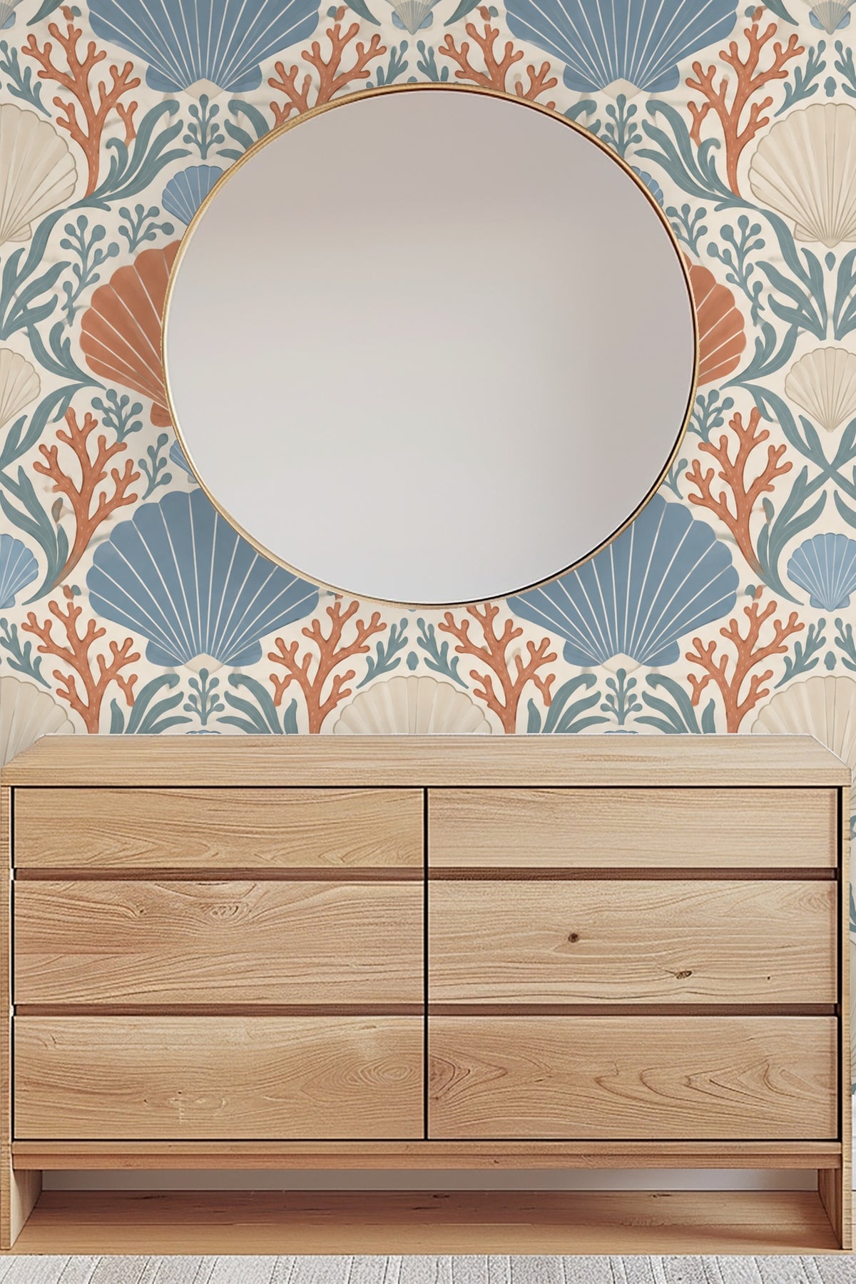 Shot of a bedroom corner featuring Coral Cove Crest wallpaper and soft natural light.