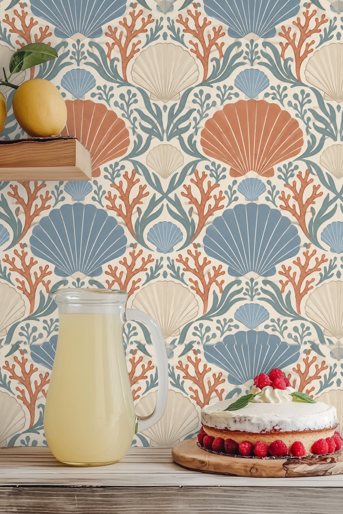 Wide shot of Coral Cove Crest wallpaper in living room highlighting scale of pattern and neutral furnishings.