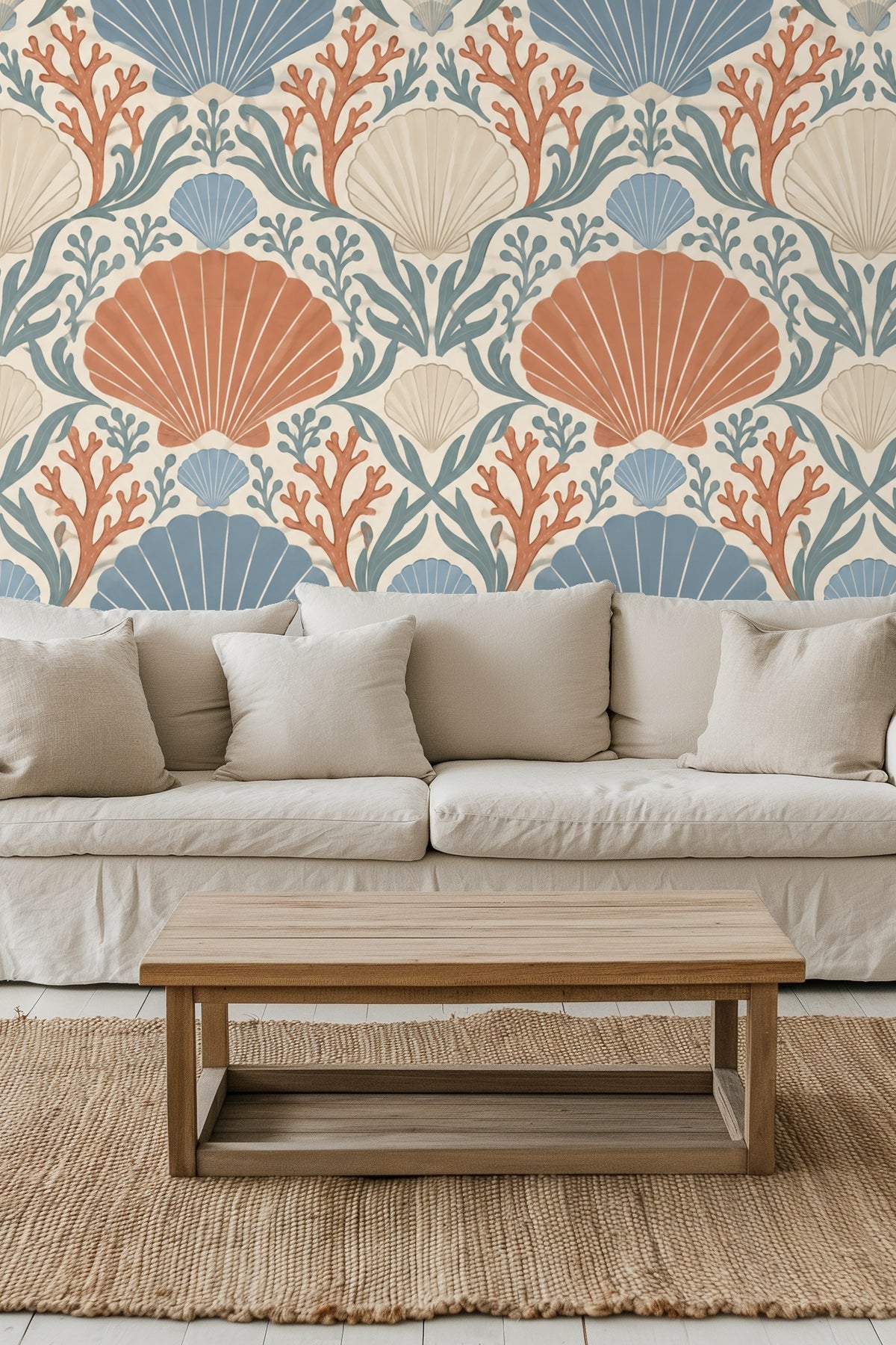 Coral Cove Crest wallpaper repeat pattern showing scallop shells and coral branches in terracotta, blue, and cream.