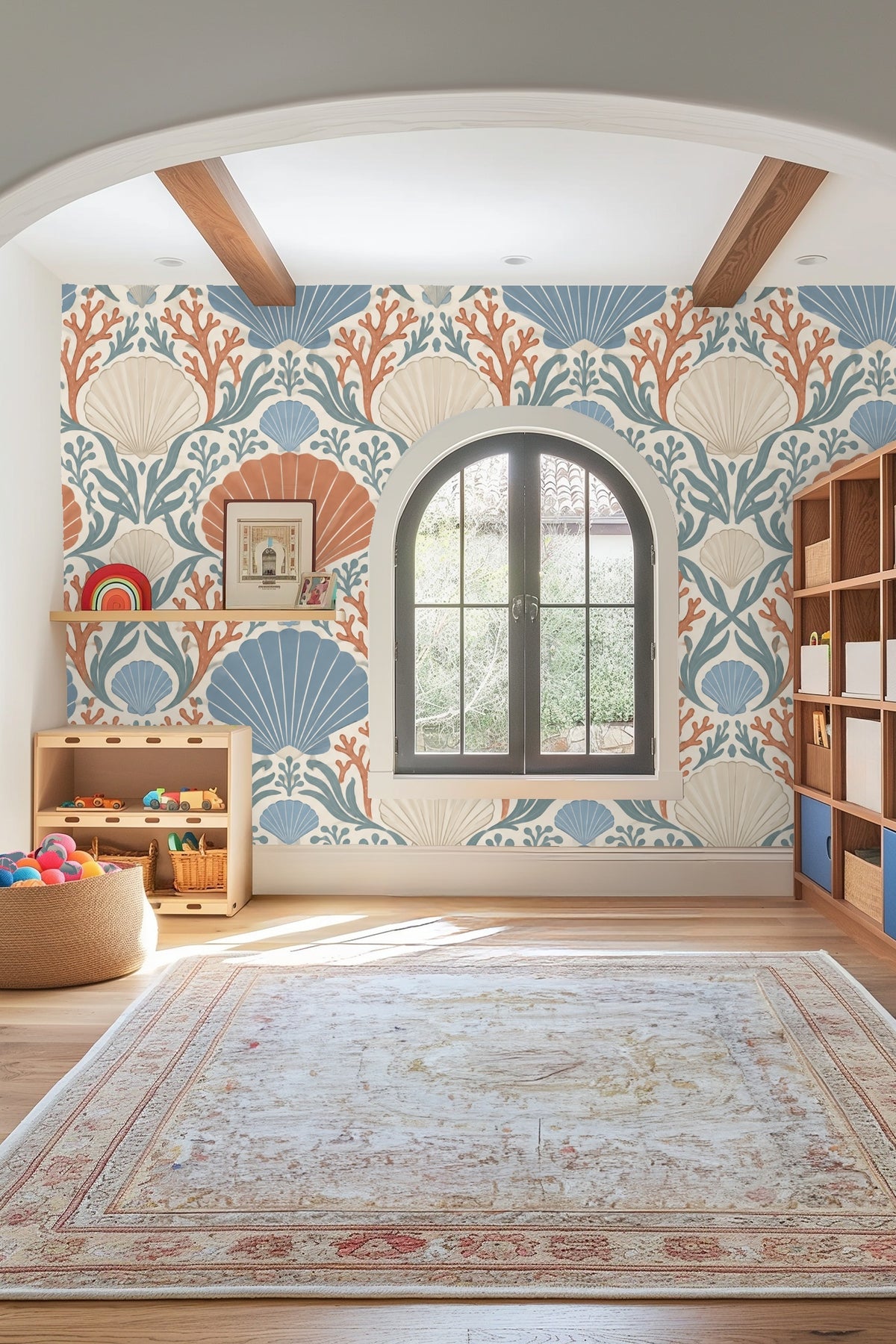Coral Cove Crest wallpaper sample swatch with visible line work and soft muted palette.