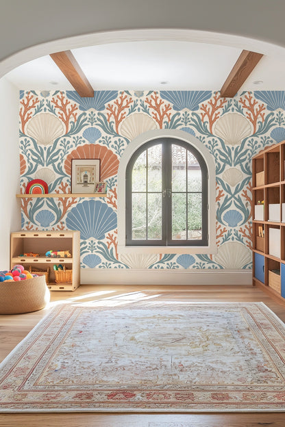 Coral Cove Crest wallpaper sample swatch with visible line work and soft muted palette.