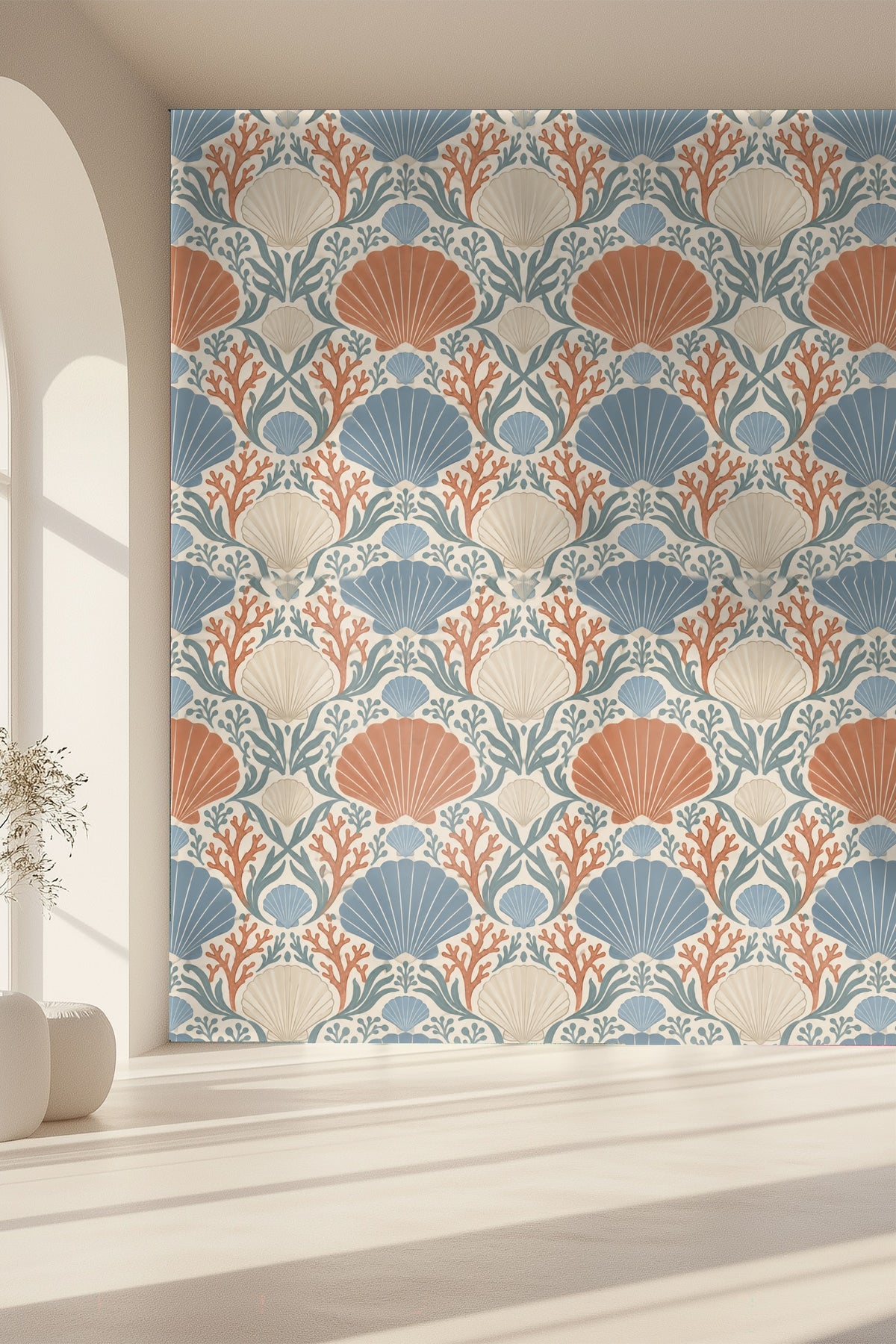 Wallpaper hanging in sample room illustrating Coral Cove Crest's classic yet playful design identity.