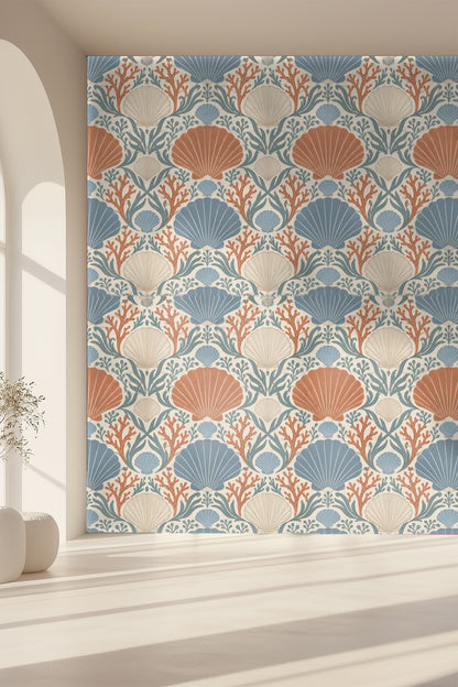 Wallpaper hanging in sample room illustrating Coral Cove Crest's classic yet playful design identity.