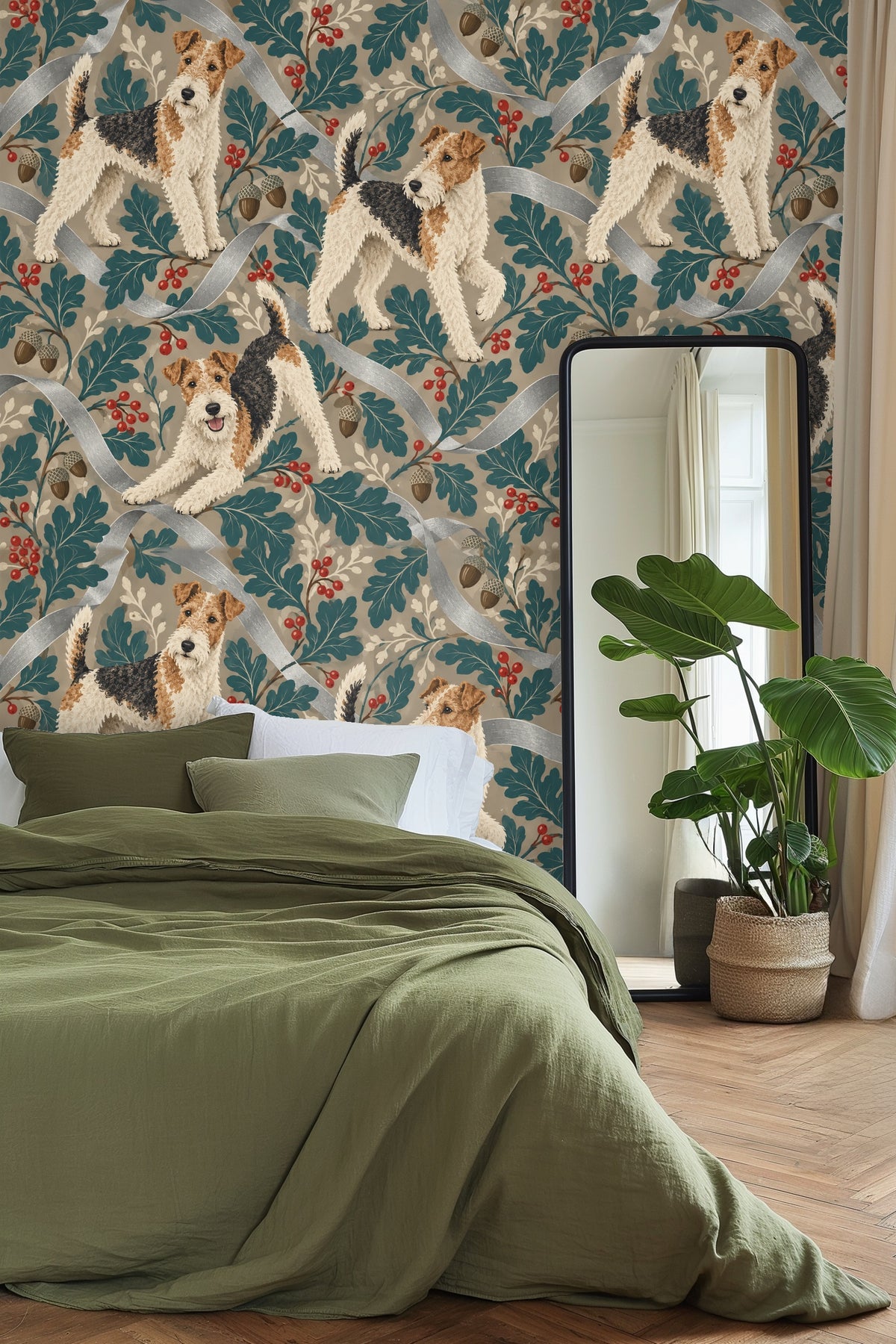 Detailed view of fox terrier fur texture and leaf shapes in wallpaper design.
