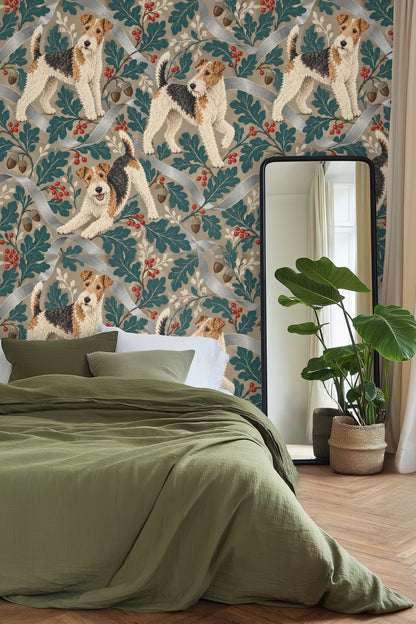 Detailed view of fox terrier fur texture and leaf shapes in wallpaper design.
