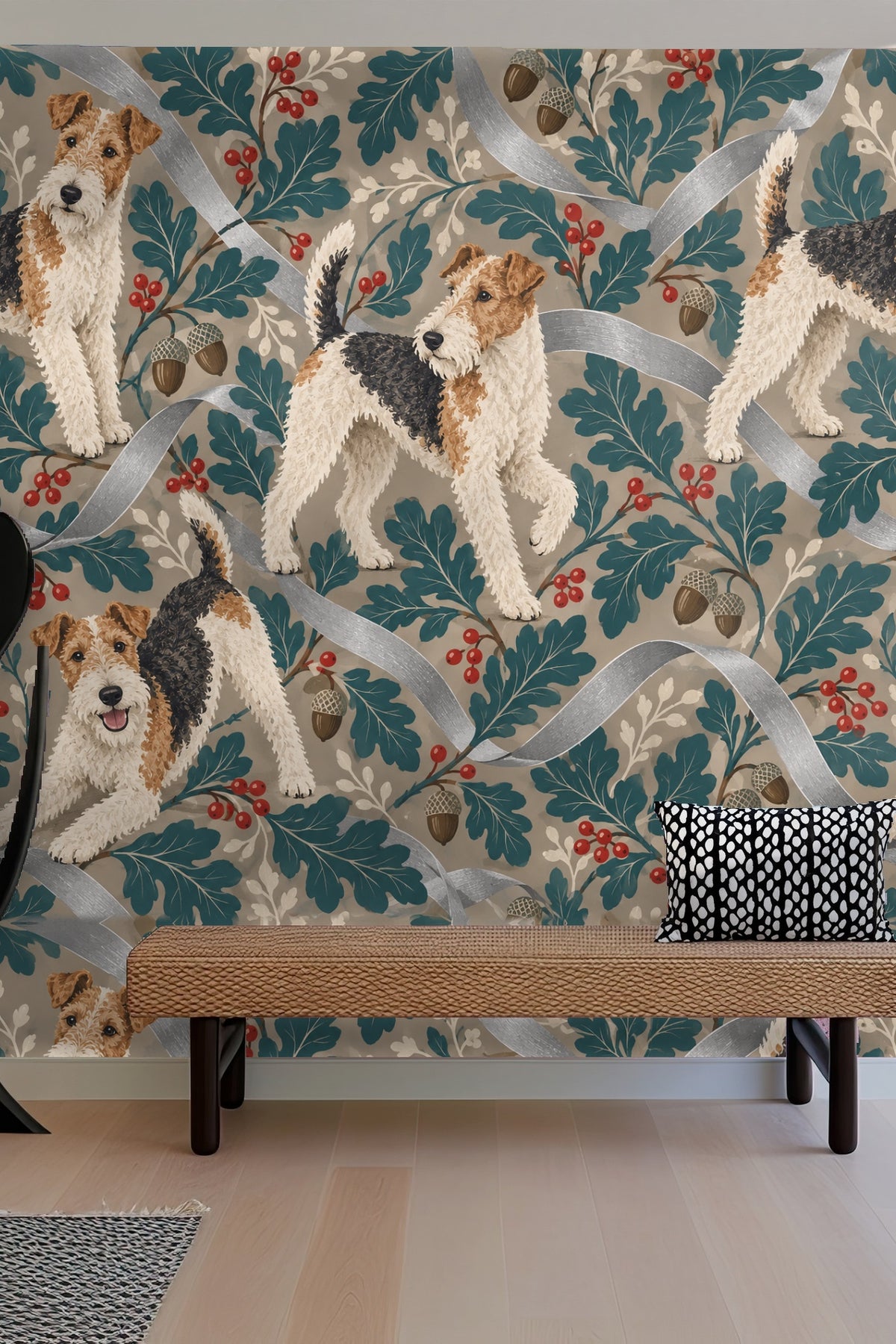 Living room ambiance with curtains and velvet pouf complementing the terrier wallpaper.