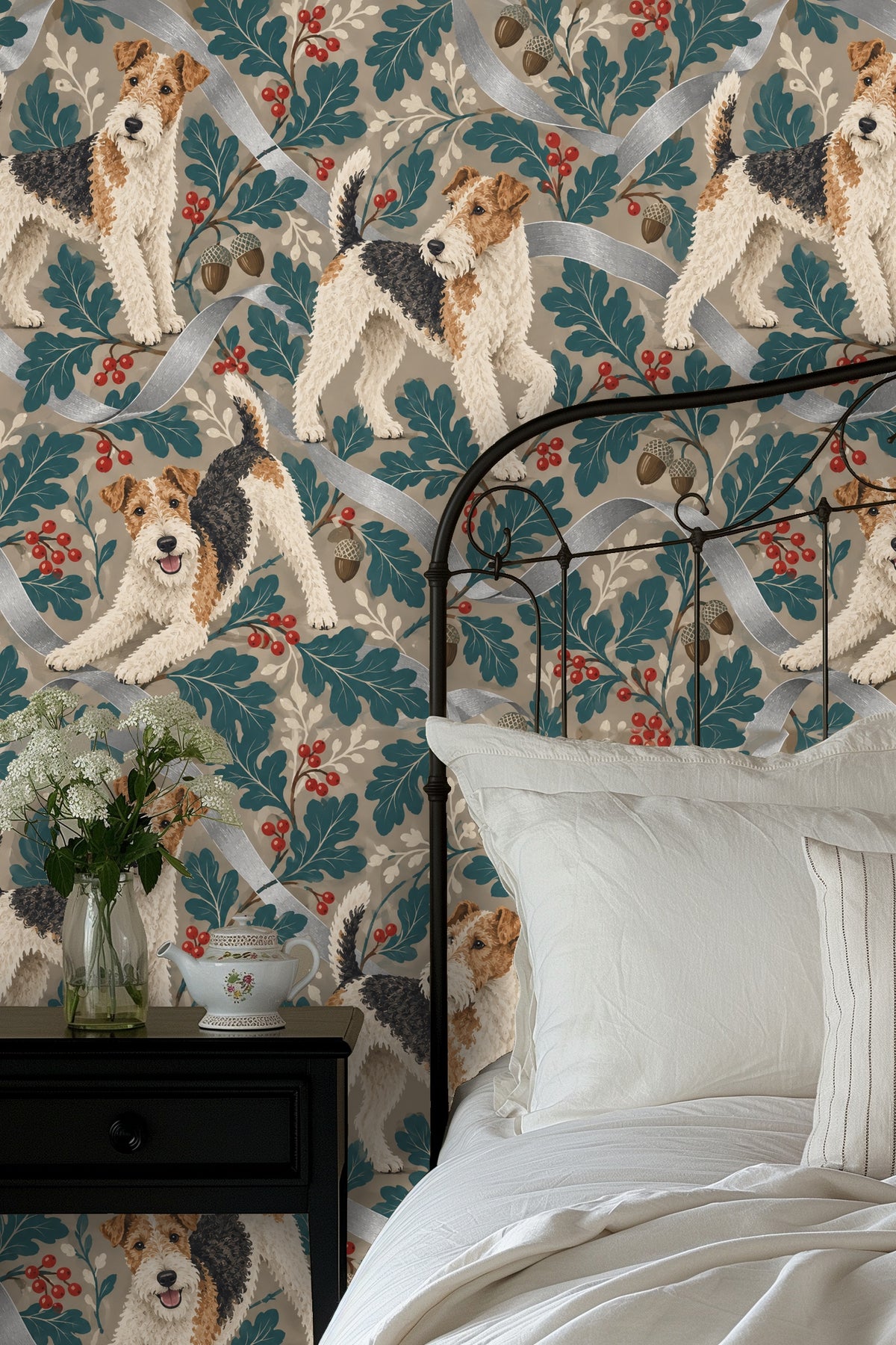 Pattern repeat showing lively terrier positions and botanical elements.