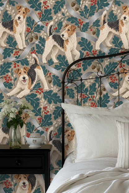 Pattern repeat showing lively terrier positions and botanical elements.