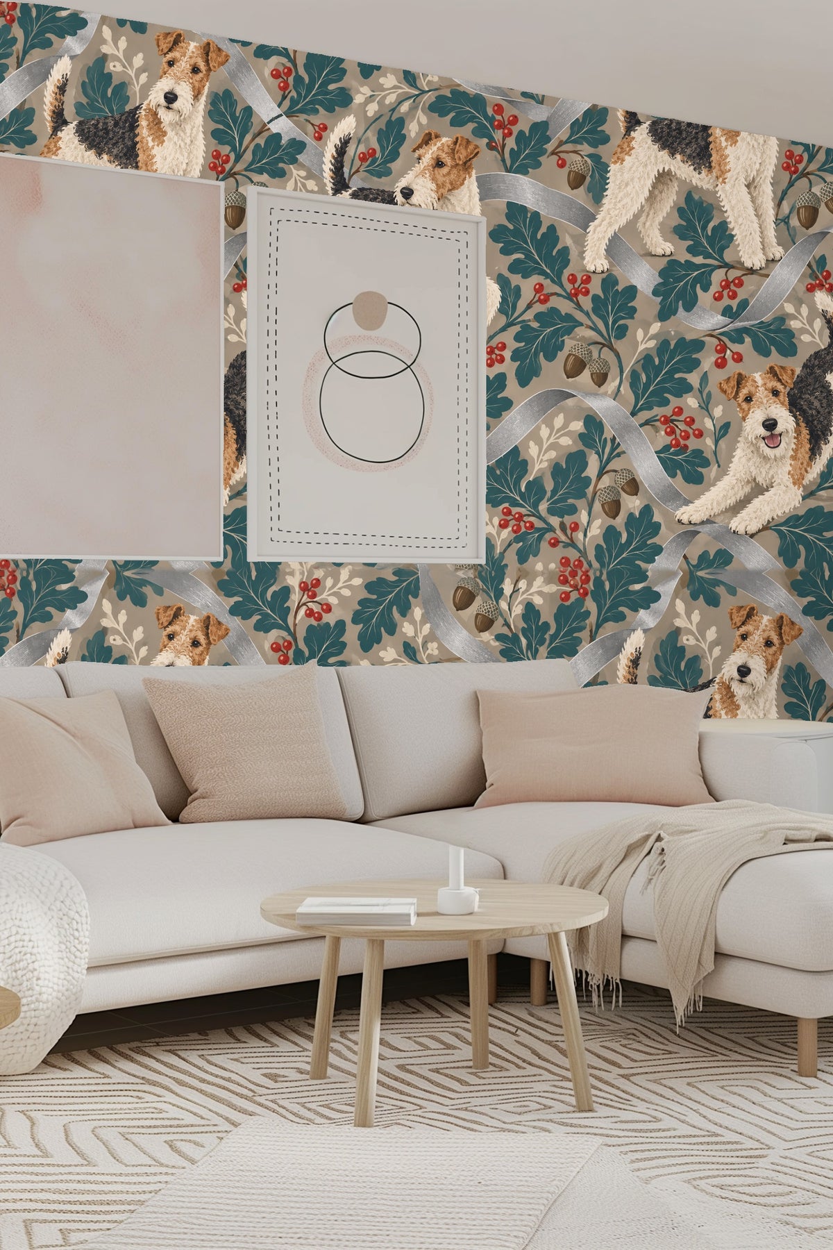 Fox terrier in playful pose integrated with natural elements and silver ribbons.