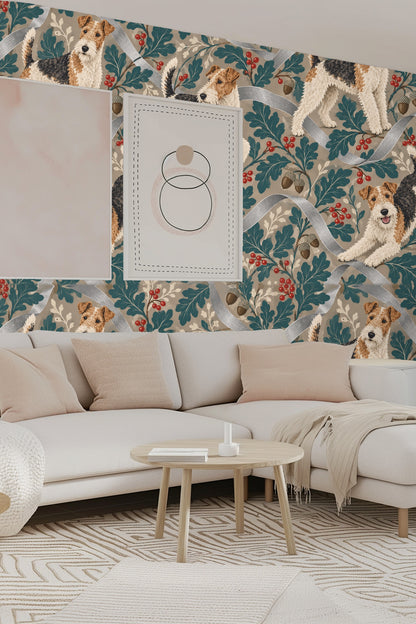 Fox terrier in playful pose integrated with natural elements and silver ribbons.