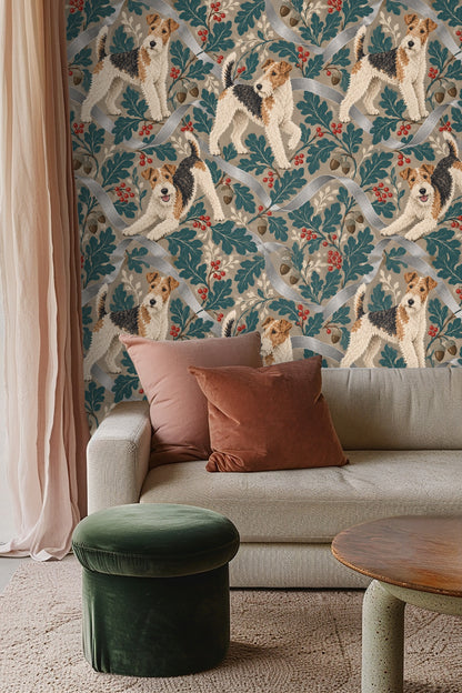 Bedroom headboard wall featuring silver ribbon terriers wallpaper with teal leaves and red berries.