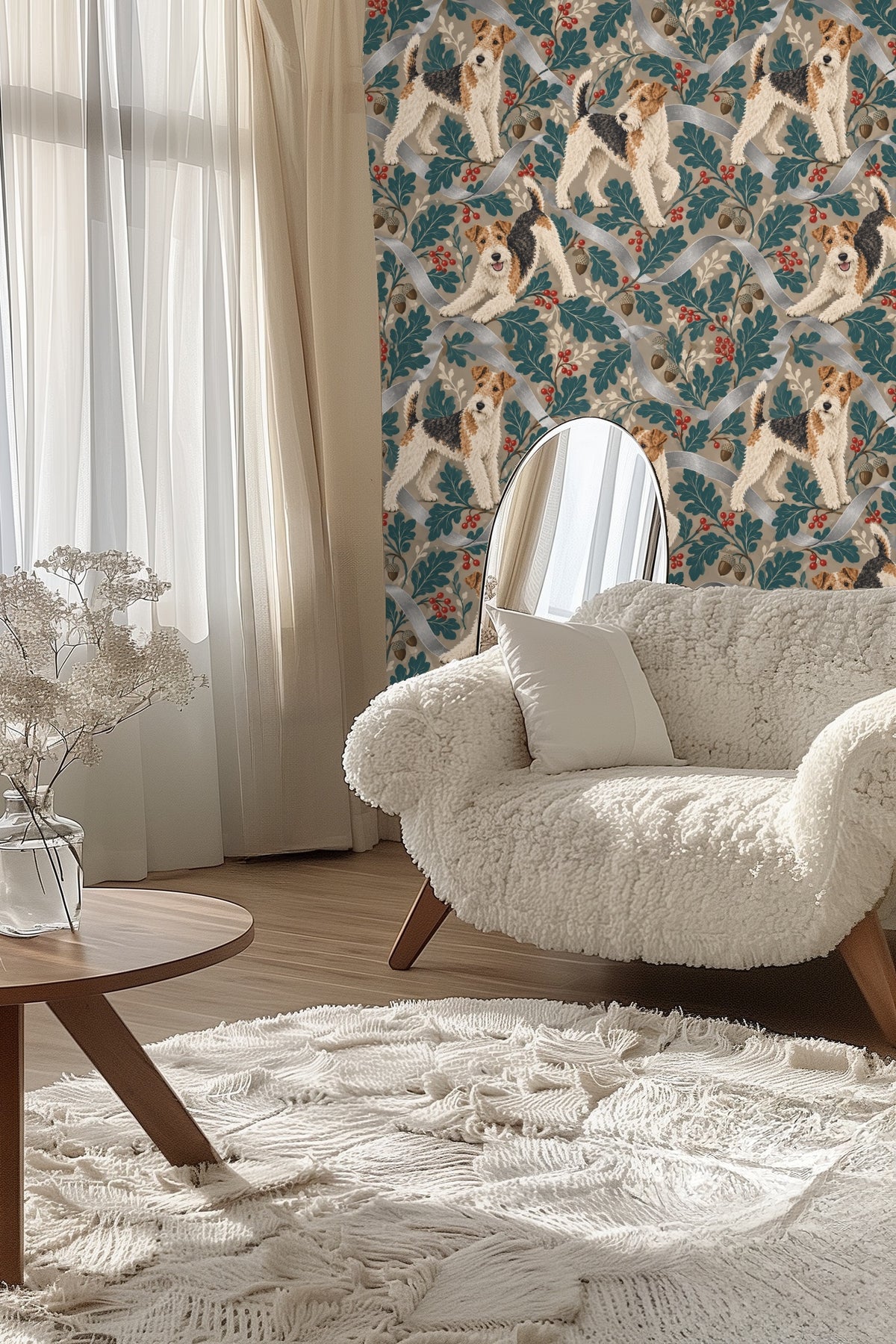 Horizontal section emphasizing ribbon movement behind terriers and foliage.