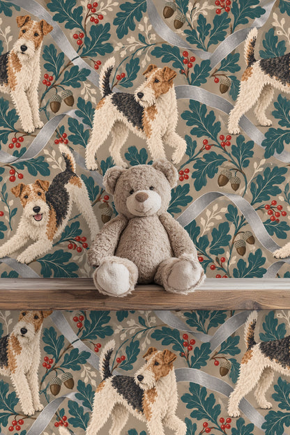 Silver ribbon terriers wallpaper highlighting acorn and oak leaf details.