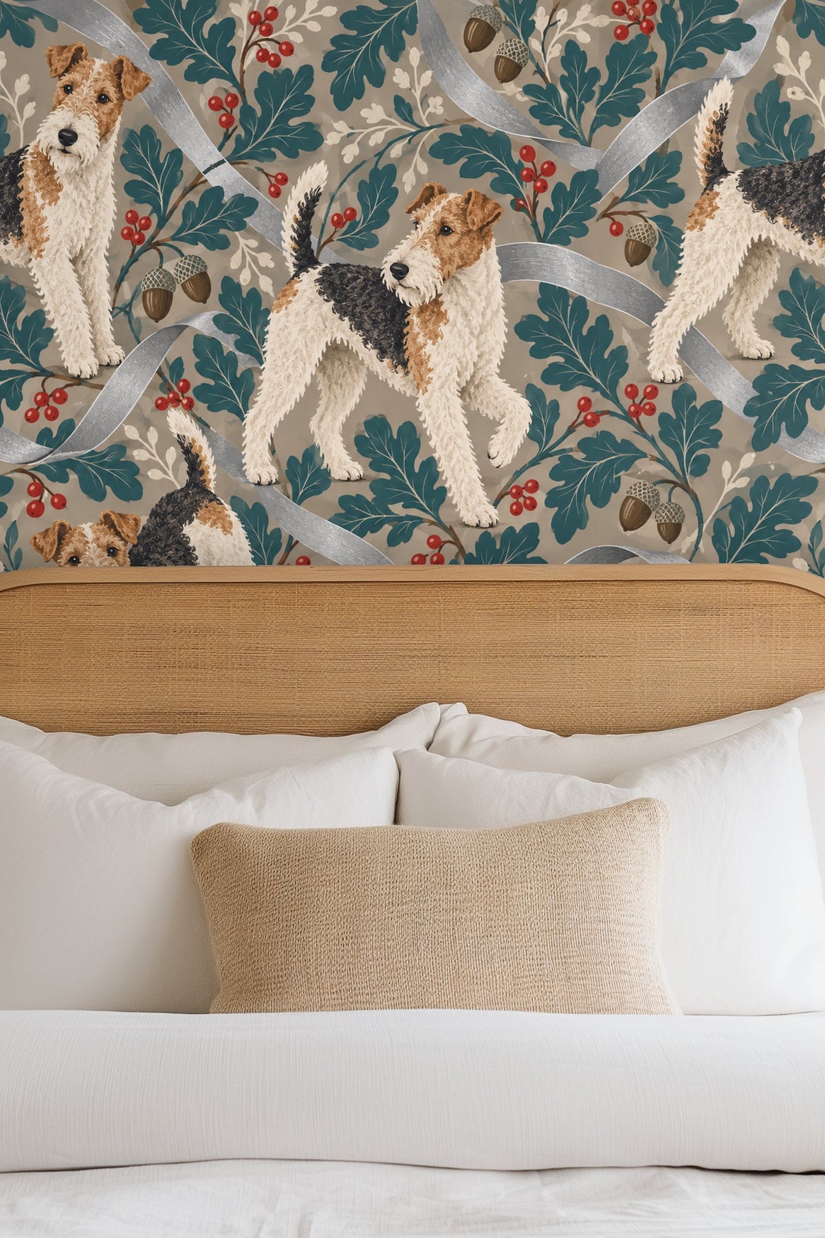 Pattern detail showing three fox terriers with silver ribbons and oak leaves on taupe background.