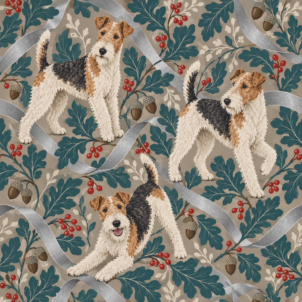 Atmospheric corner with terrier wallpaper and soft furnishings creating cozy setting.