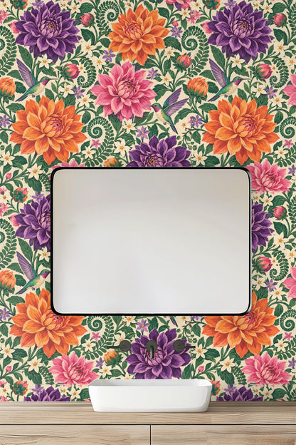 Pattern repeat showing interplay of floral clusters and swirling fern