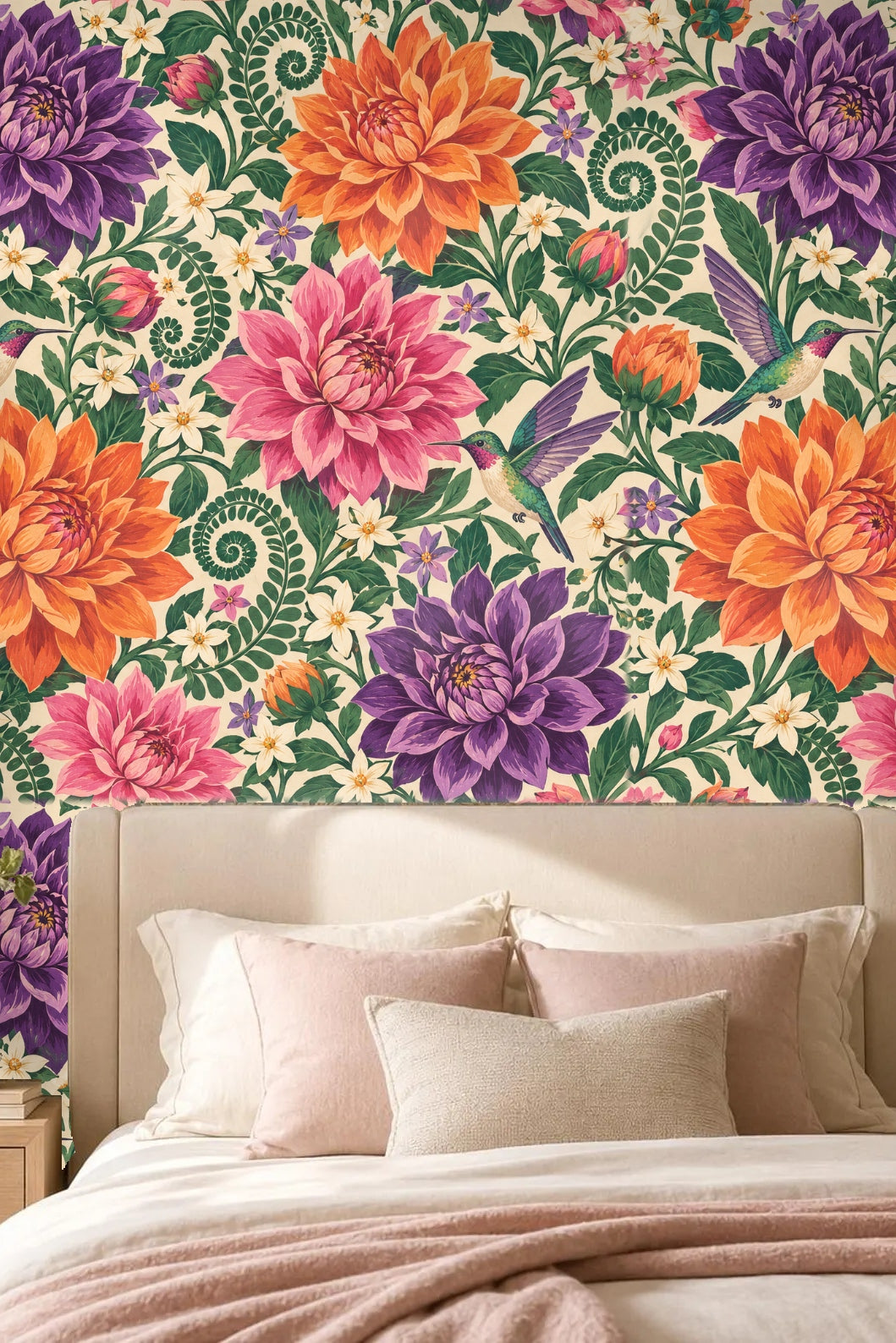 Living room featuring wall covered in vibrant dahlia wallpaper behind modern white sofa and orange chair