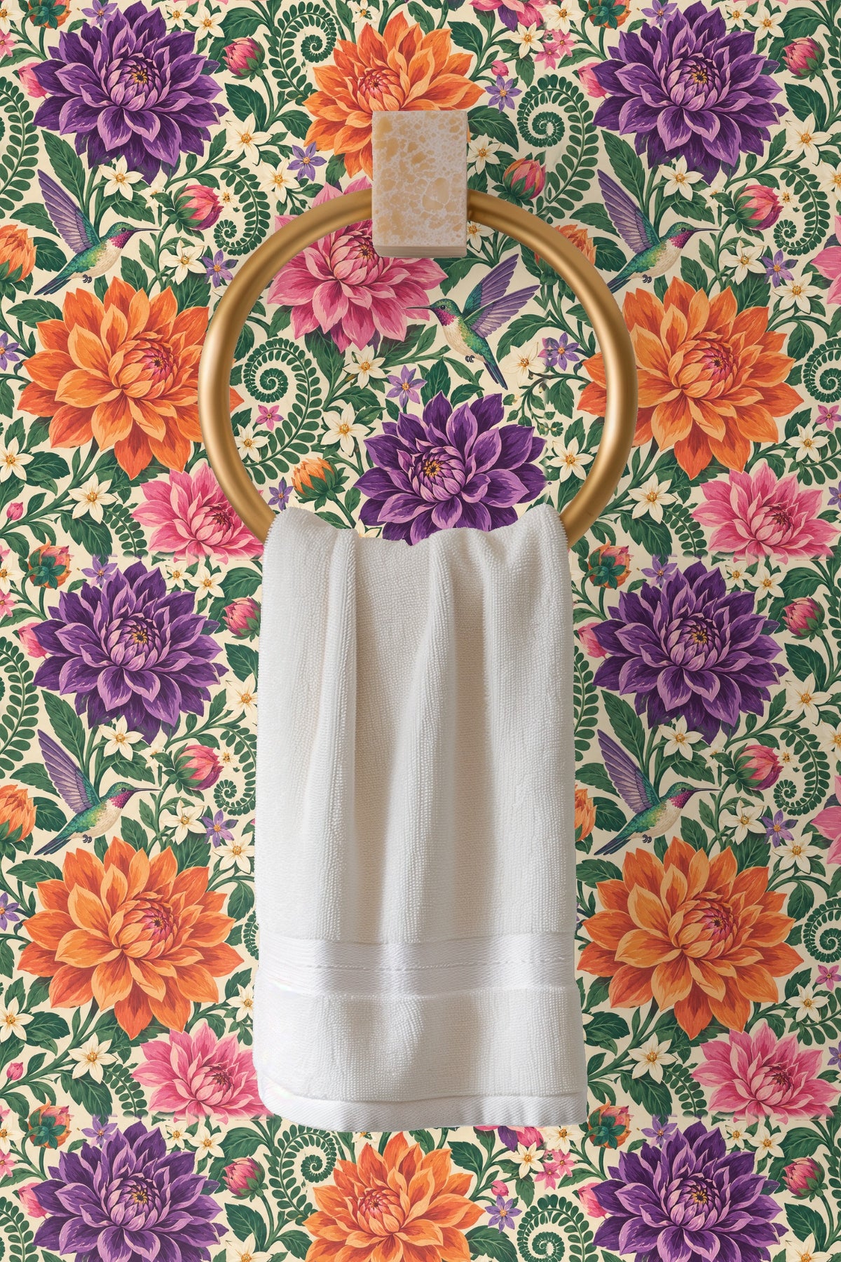 Close-up detail showing orange dahlia flower from the wallpaper design