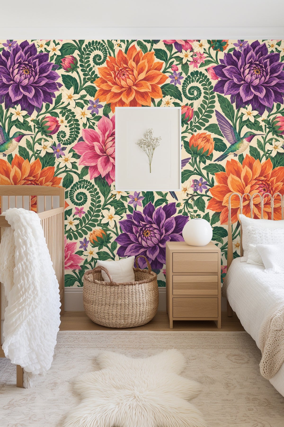 Close-up detail showing purple dahlia flower from the wallpaper design