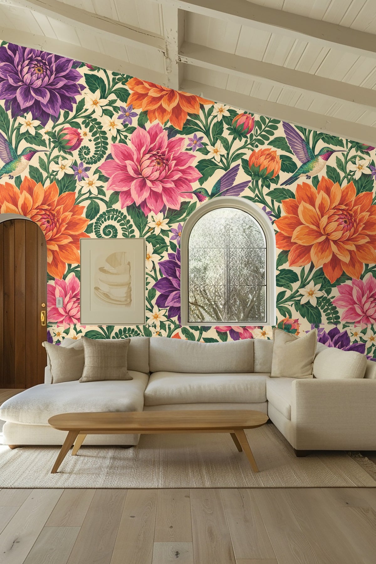 Cozy bedroom corner with dahlia wallpaper accented by soft pillows
