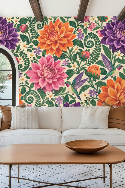 Bedroom wall behind bed adorned with colorful dahlia and hummingbird wallpaper in rich purple, pink, and orange tones