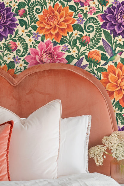 View of sofa arm with dahlia wallpaper in background