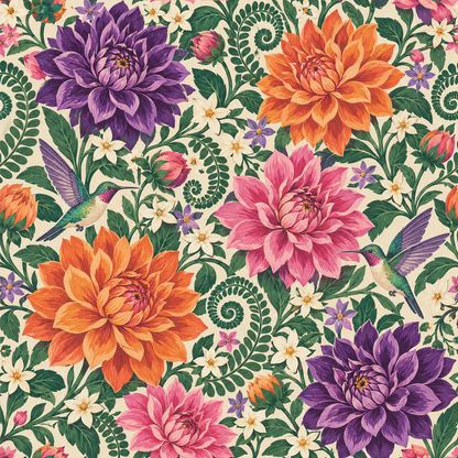 Detailed brushstrokes of petals on large flowers in wallpaper pattern