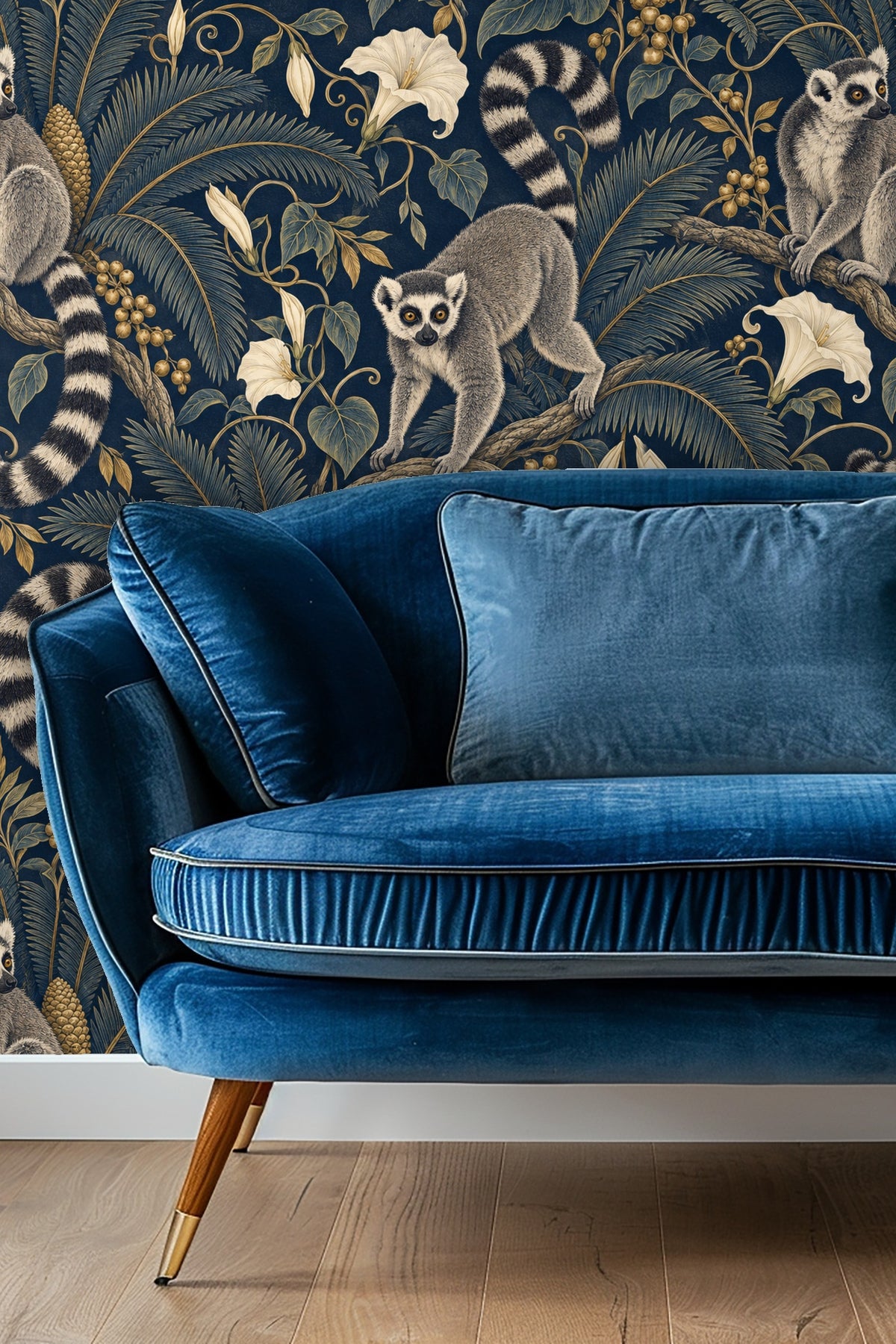 Wallpaper pattern showing ring-tailed lemurs perched on branches with tropical leaves and white flowers against a deep navy background.