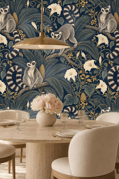 Side perspective of living room wall featuring the wallpaper with vintage blue sofa complementing navy colors.