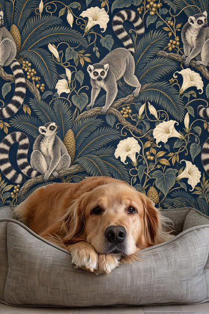 Full repeat of wallpaper pattern showcasing balanced composition of lemurs, palms, berries, and flowers.