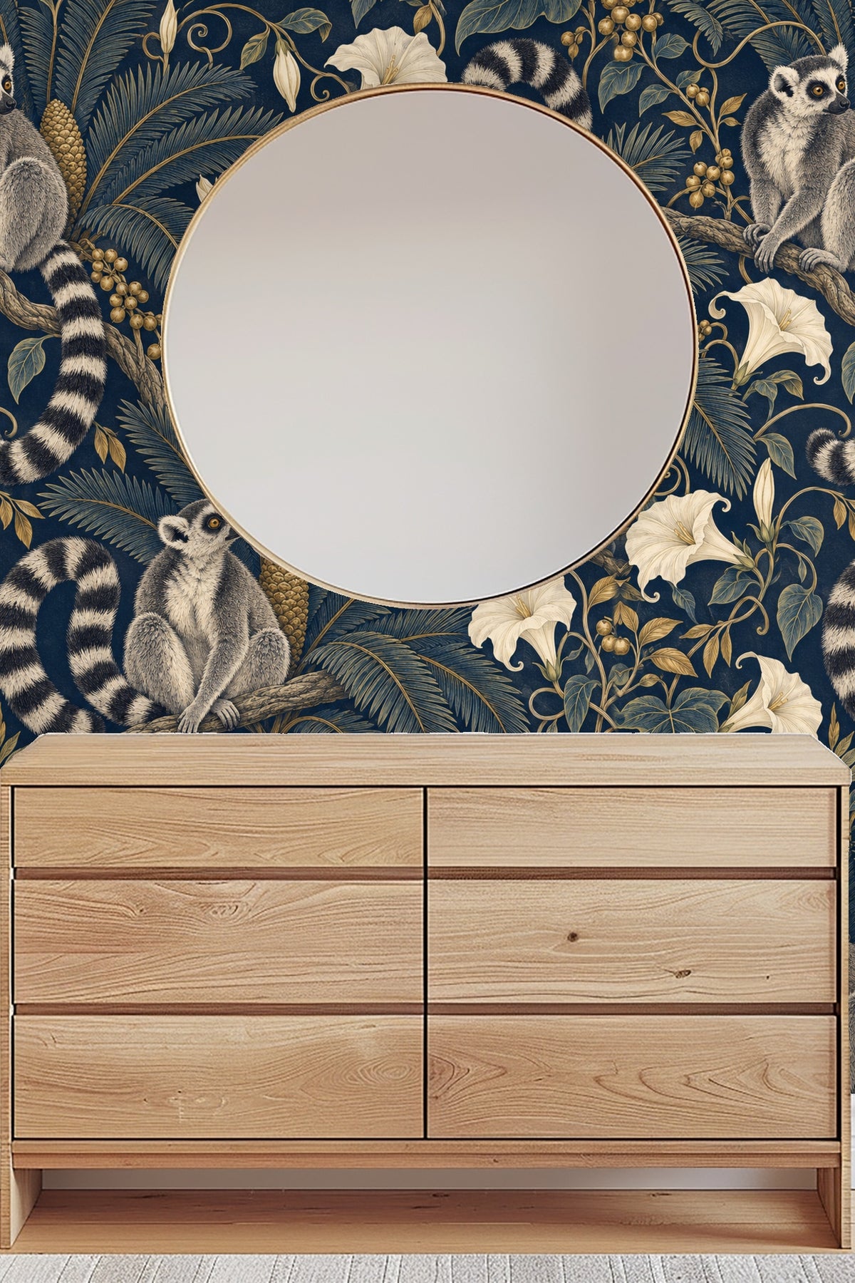 Pattern swatch showing the combination of illustrative lemurs and stylized tropical plants.