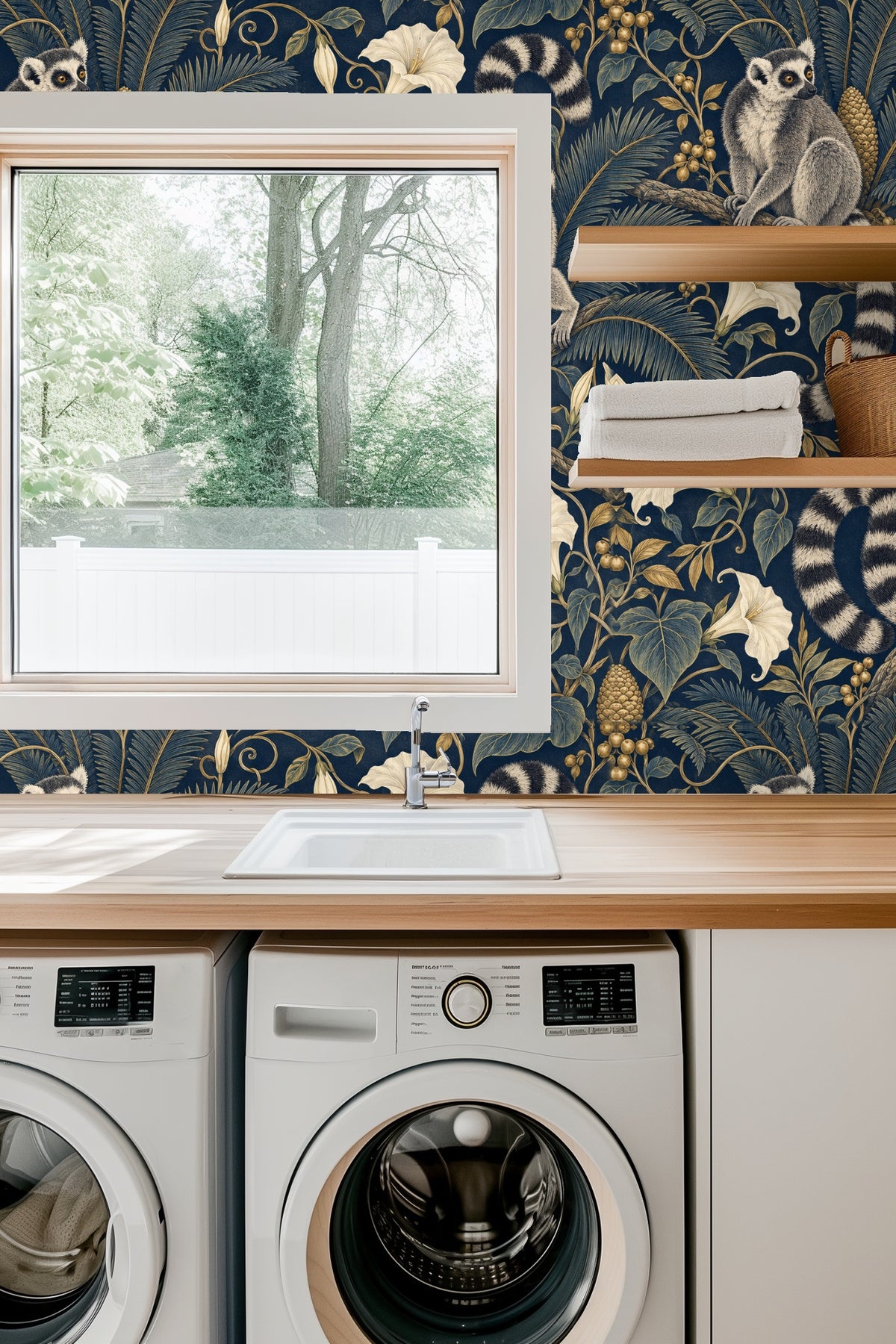 Close-up view of wallpaper with a blue velvet sofa highlighting the midnight blue background and lemur design.