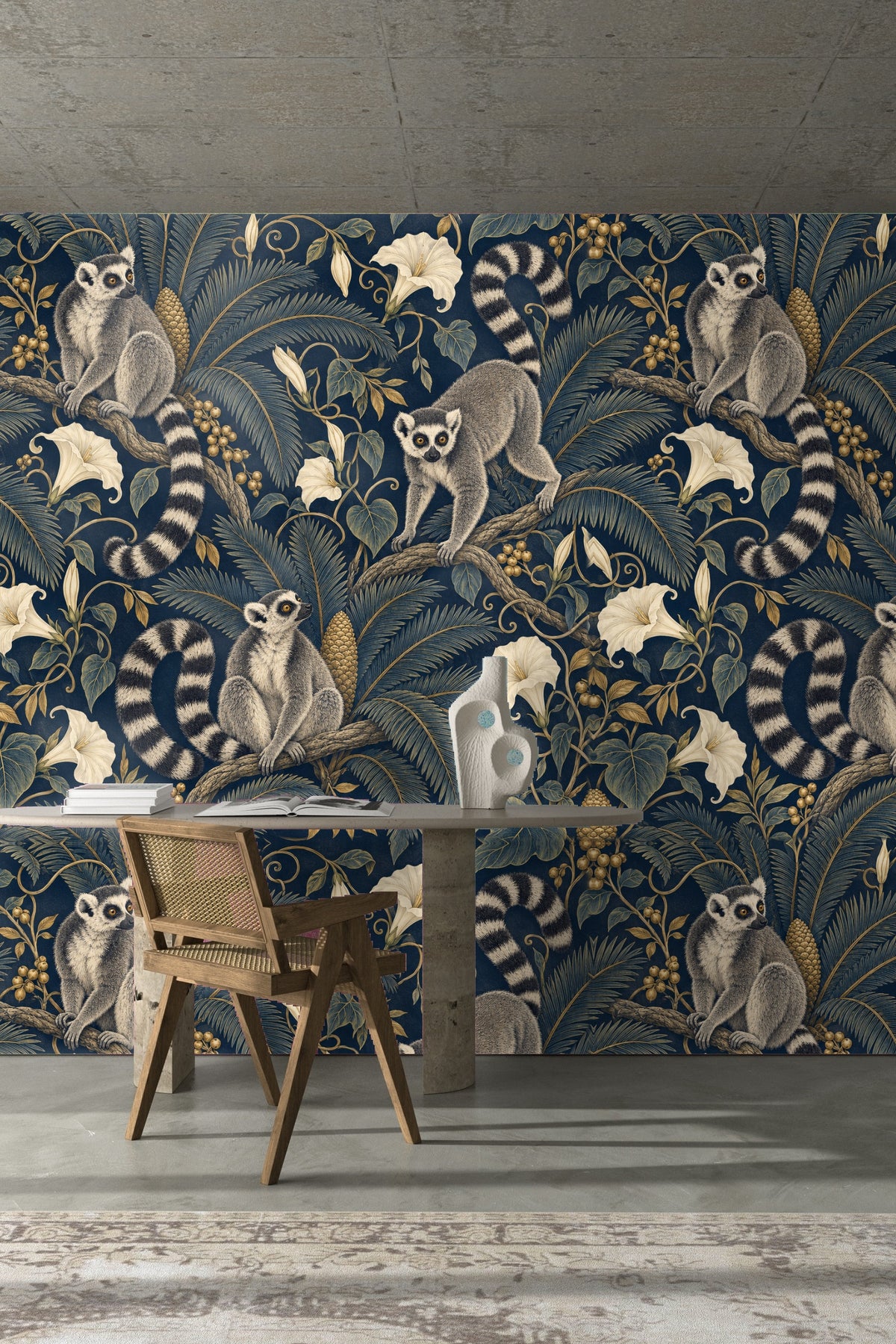 Wallpaper art detail of intricately drawn lemur fur and botanical vein patterns with soft shading.