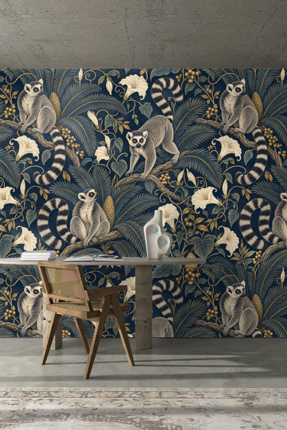 Wallpaper art detail of intricately drawn lemur fur and botanical vein patterns with soft shading.