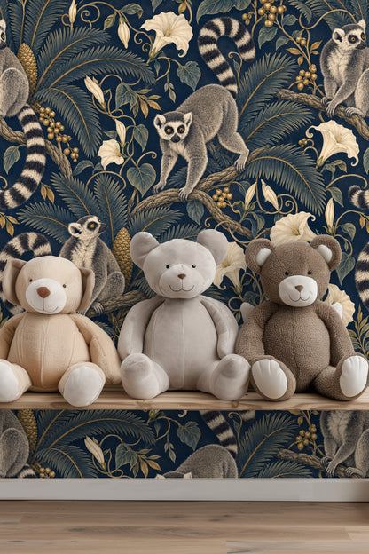 Decorative floral and berry elements forming part of the wallpaper pattern with gold and cream hues.