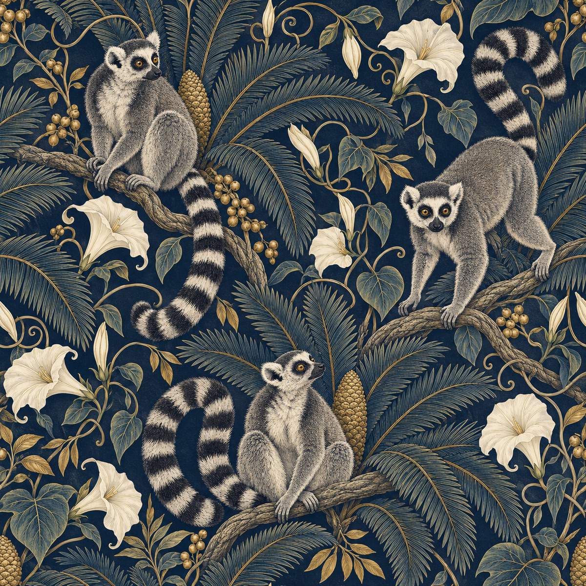 Close visualization of the botanical line work and shading contrast against the dark navy background.