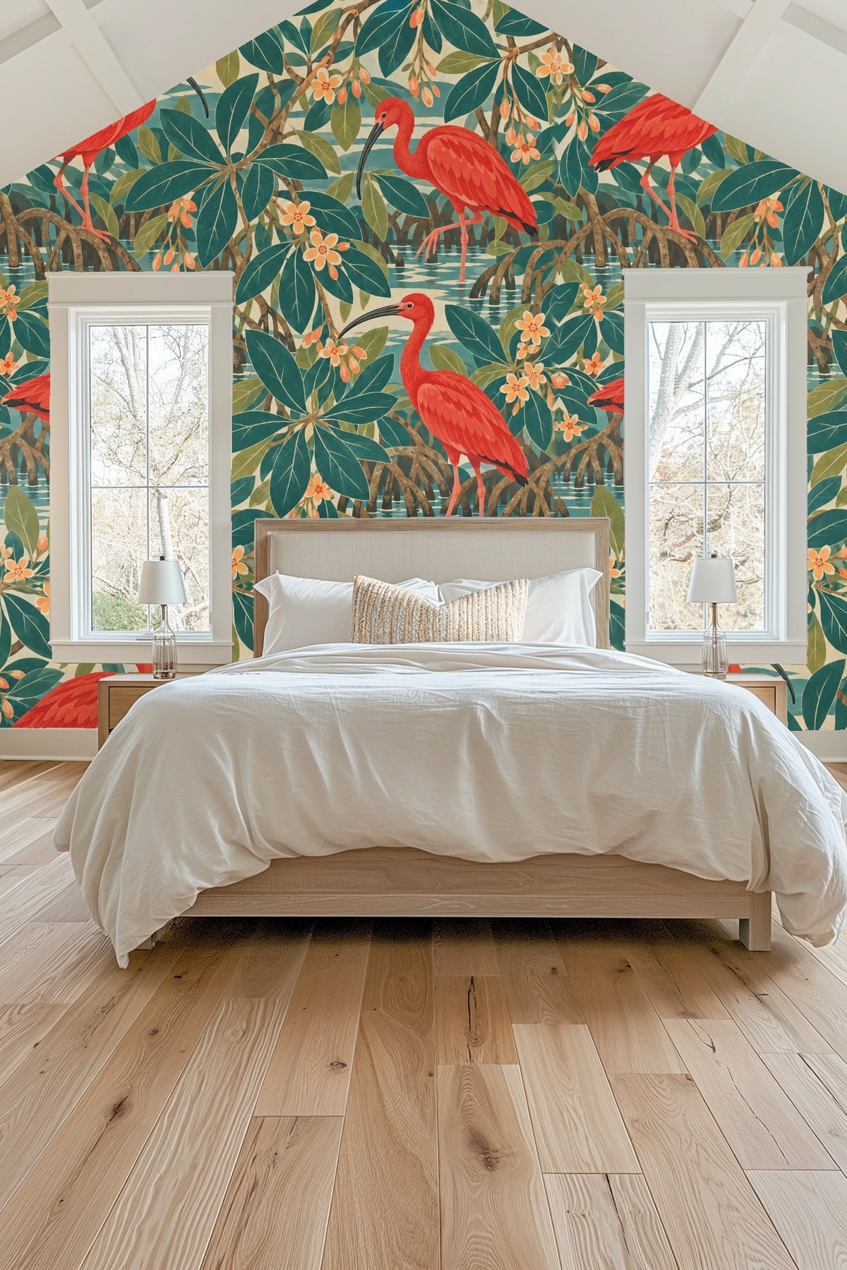 Close-up of wall showing vivid red ibis and detailed teal and olive leaves with small orange flowers on wallpaper.