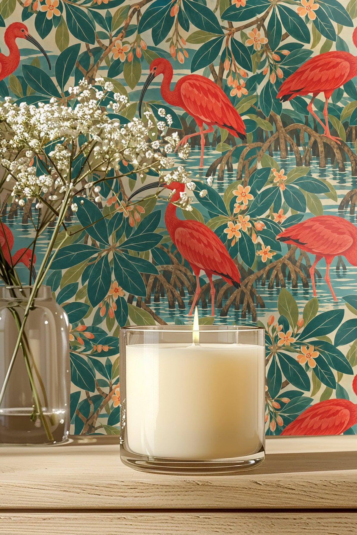 Bathroom interior with vanity and mirror reflecting wallpaper of scarlet ibis amidst mangrove foliage and apricot blooms.