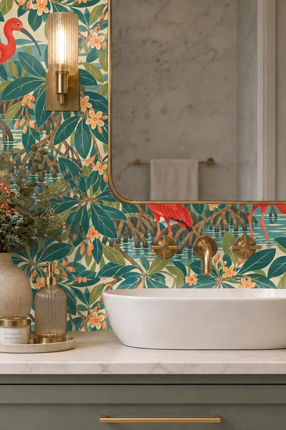 Entryway decorated with wallpaper featuring scarlet ibis and tropical leaves behind a neutral-toned sideboard and framed artwork.
