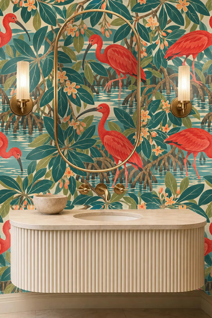 Section of wallpaper showing layered tropical leaves and orange blossoms with detailed bird feathers.