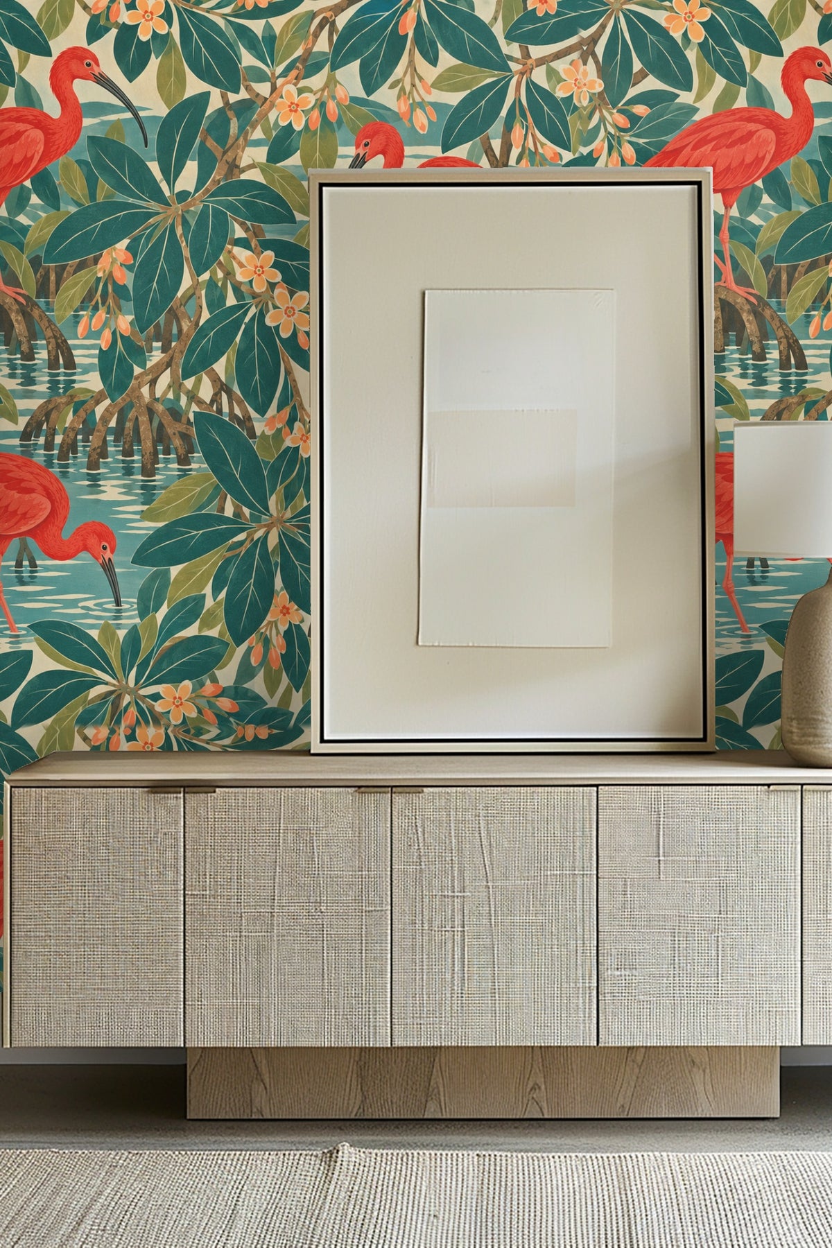 Wallpaper artwork depicting scarlet ibis birds among mangrove roots and leafy branches with apricot flowers.