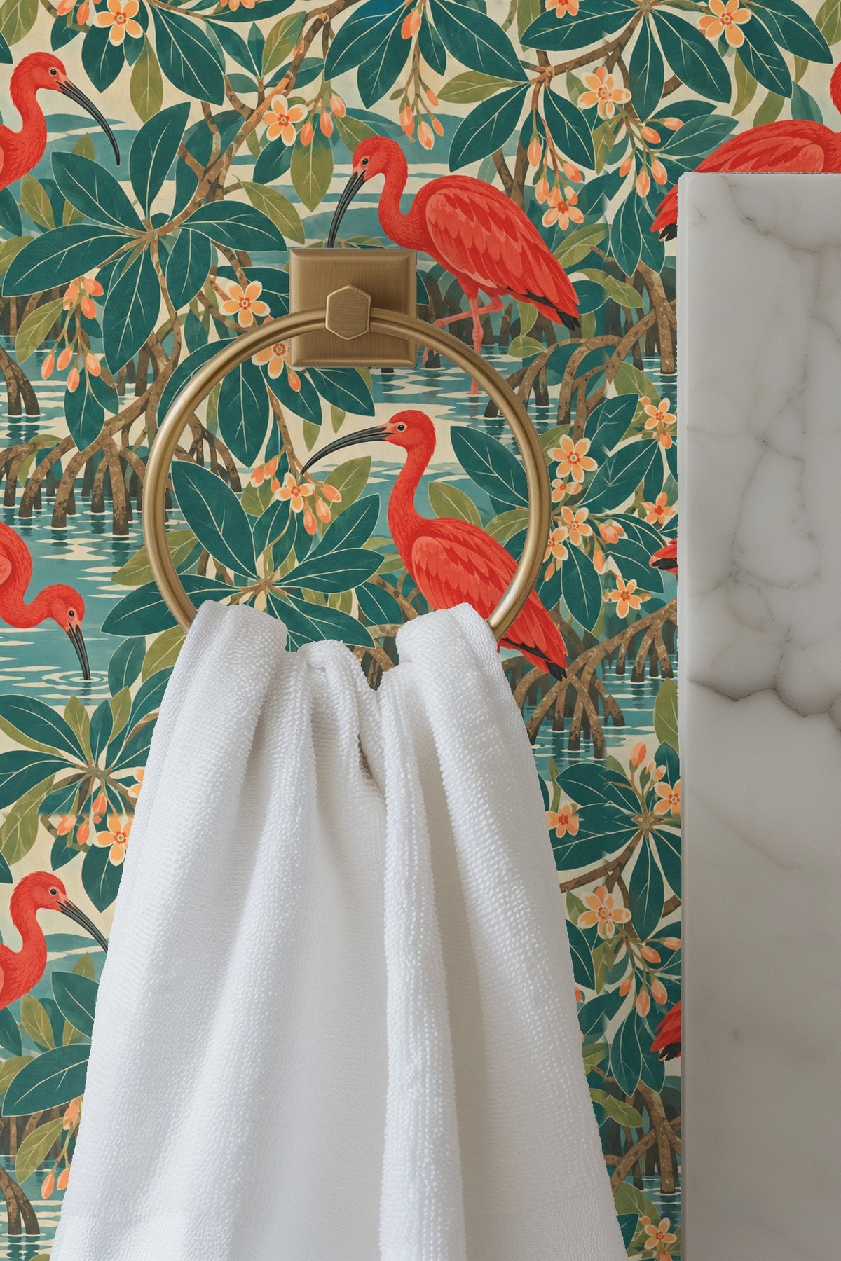 Wallpaper motif highlighting intricate leaf veins and bud clusters accompanying ibis figures.