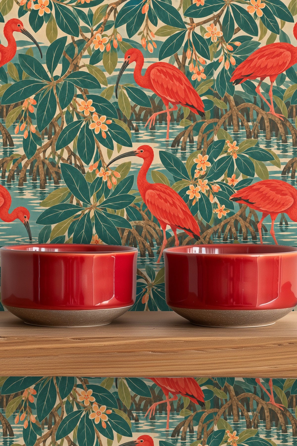 Close view of scarlet ibis bird with curving beak standing on mangrove roots in wallpaper design.