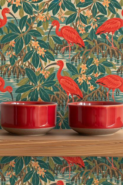 Close view of scarlet ibis bird with curving beak standing on mangrove roots in wallpaper design.